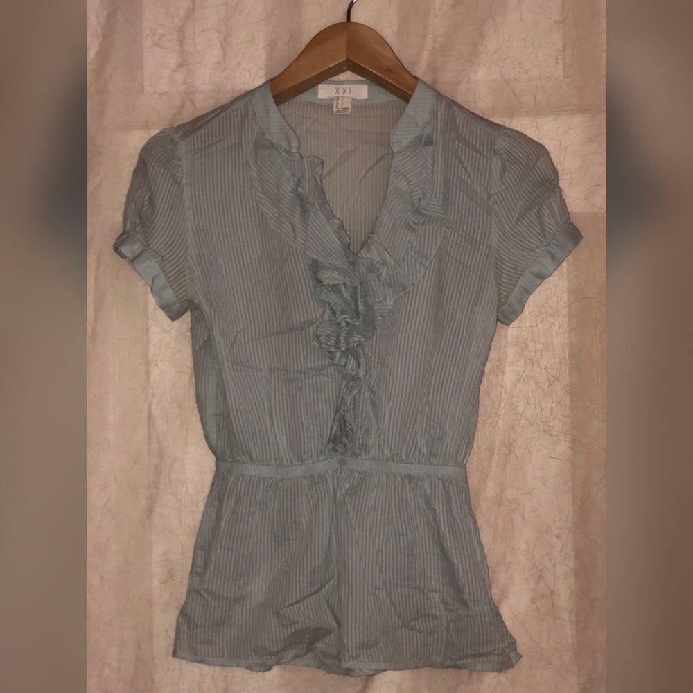 White & Blue v-neck cap-sleeved shirt